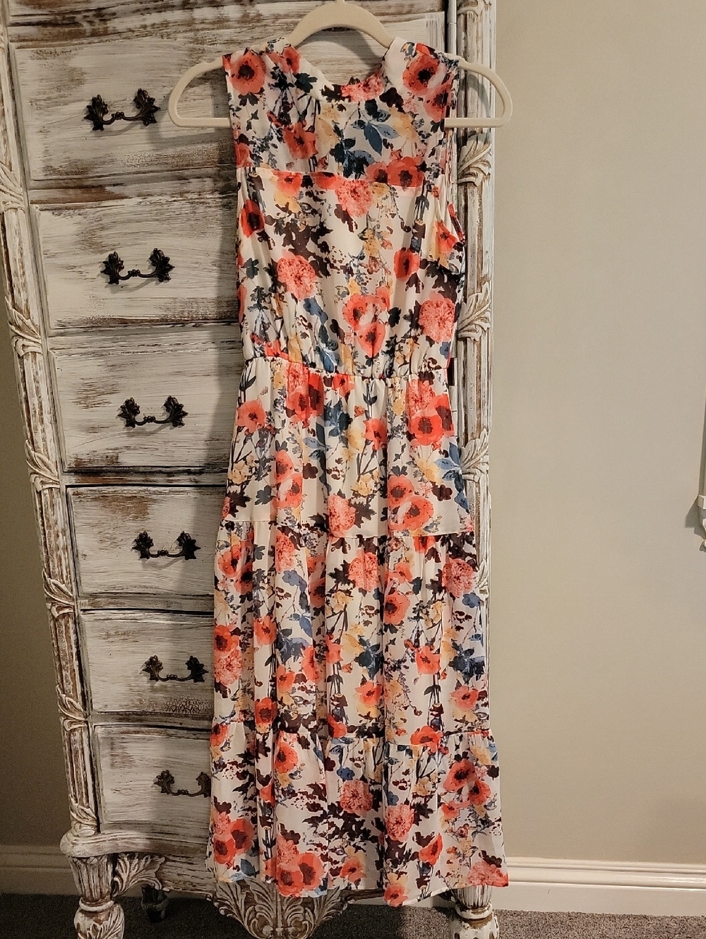 Lulu's White Maxi Dress with Coral and Teal Floral Print